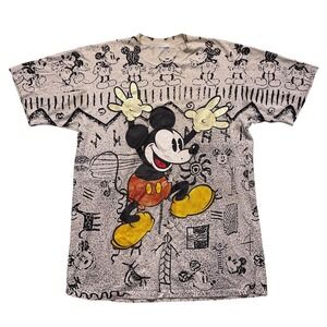 Vintage 90s Velva Sheen Mickey Mouse T-Shirt Mens Large Disney AOP USA Made